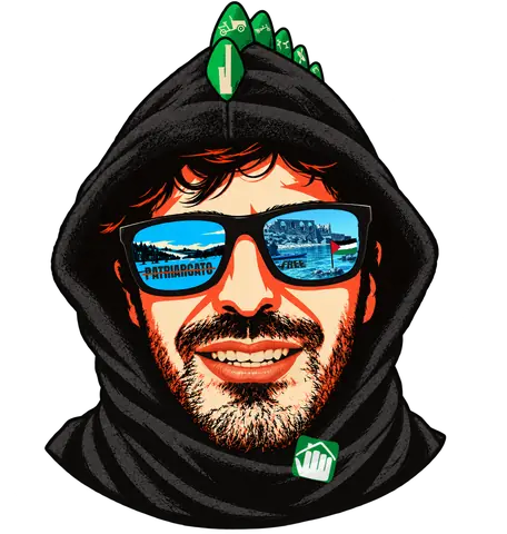 Il personaggio di Antonio: cappuccio nero con la cresta verde, occhiali a specchio con la neve e il mare